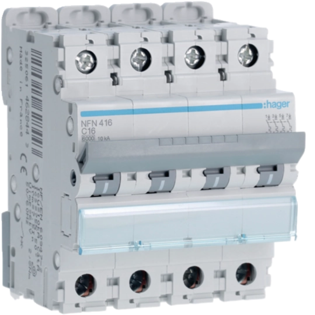 Disjuntor 4 Pólos 16A Curva C 6/10kA 4 Módulos Hager 1