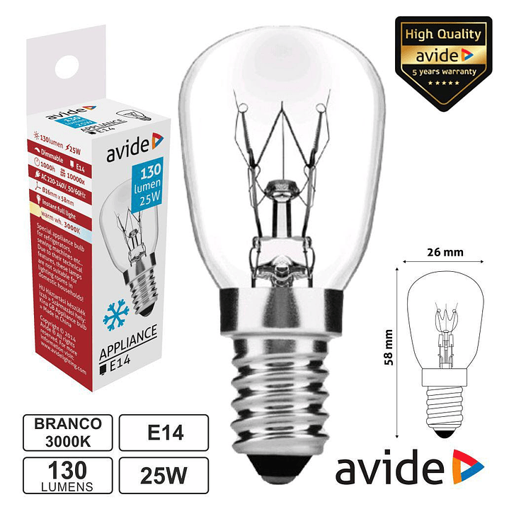 Lâmpada Incandescente E14 25W 230V Forno/Candeeiro de Sal AVIDE 1