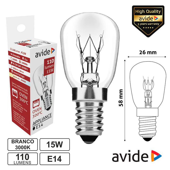 Lâmpada E14 15W 230V 300ºC P/ Fornos AVIDE 1