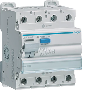 Interruptor diferencial tipo HI ligação por parafuso 4 polos 40A, 300mA CFH640A Hager