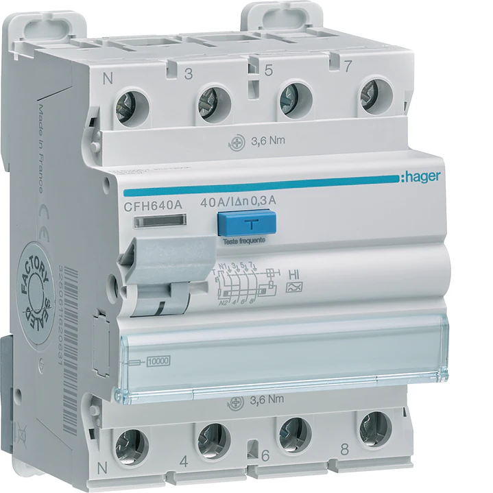 Interruptor diferencial tipo HI ligação por parafuso 4 polos 40A, 300mA CFH640A Hager 1