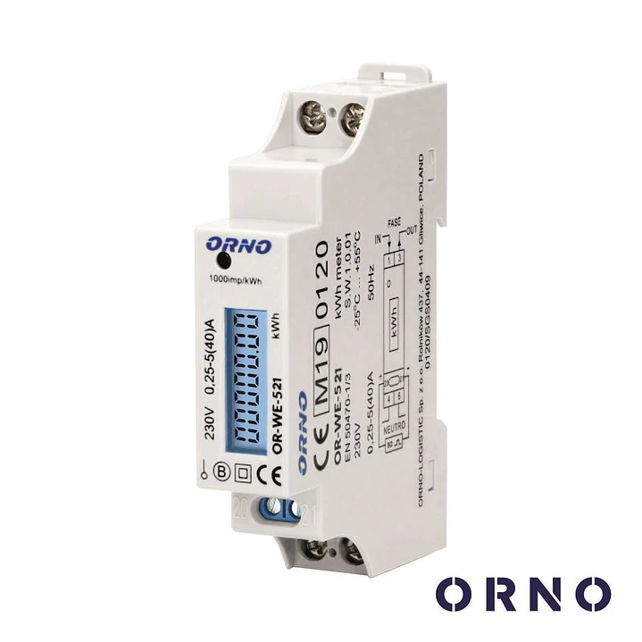 Contador de Energia Monofásico 230V/40A 1 Módulo Din ORNO 1