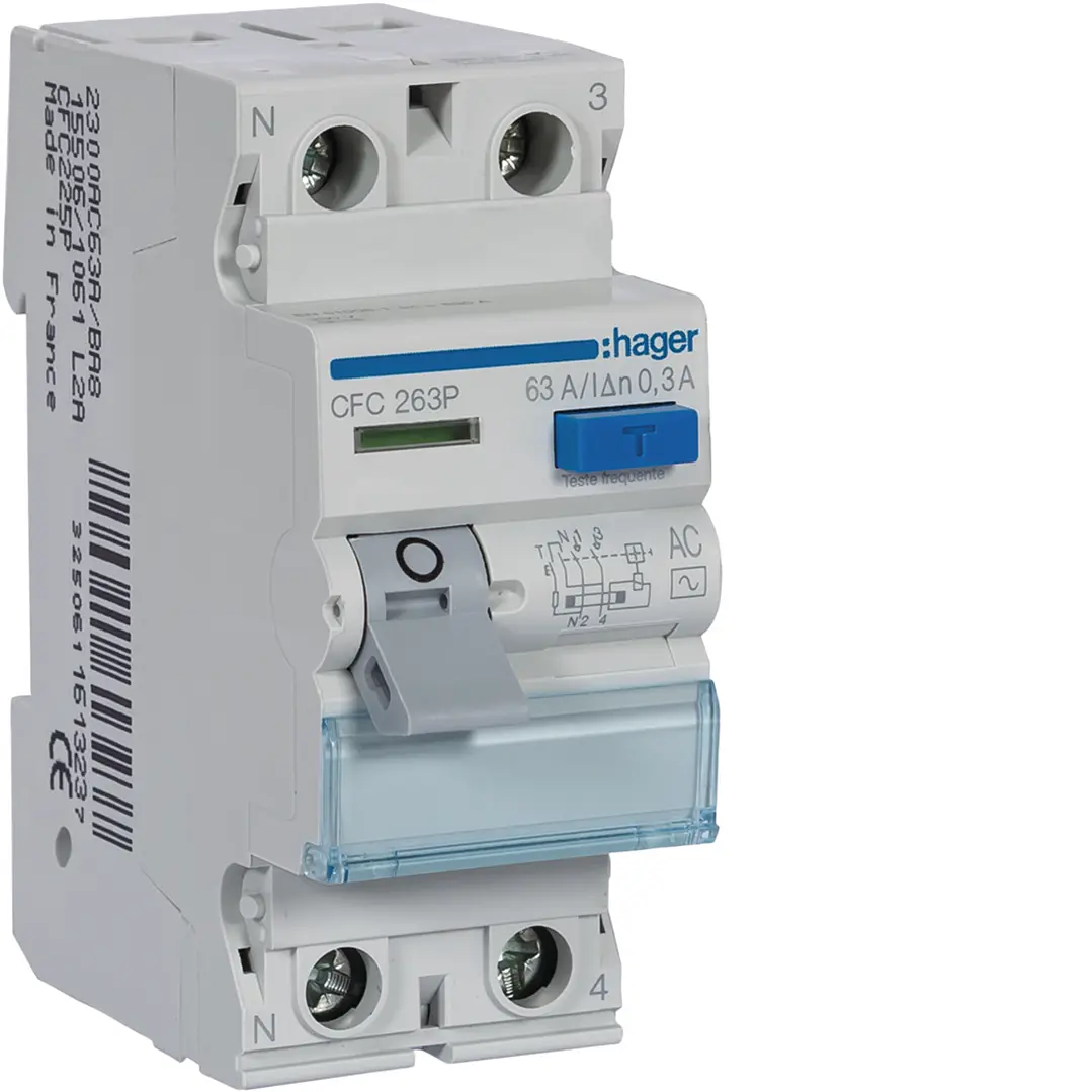 Interruptor diferencial 2 Pólos 63A 300mA tipo AC 2 Módulos - Hager CFC263P 1