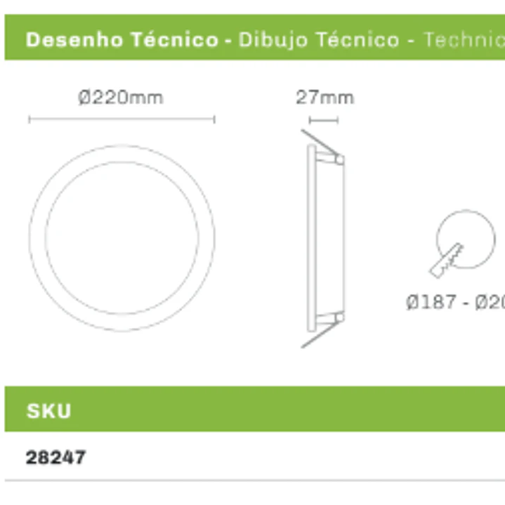 BOXSTER - Painel Led Encastrar redondo 24W 2500lm Ø220 x 27 (mm) / Furo Ø187 - Ø200 (mm) Maxled 5