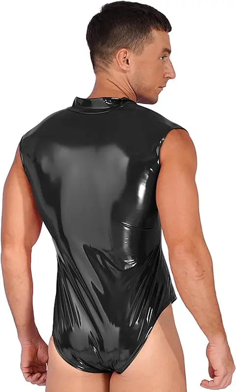 Body de una pieza de charol para hombre, sin mangas, con cremallera, tanga