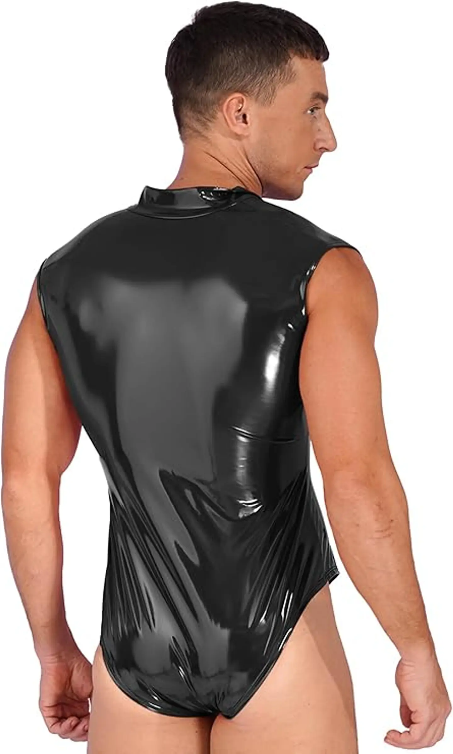 Body de una pieza de charol para hombre, sin mangas, con cremallera, tanga 2
