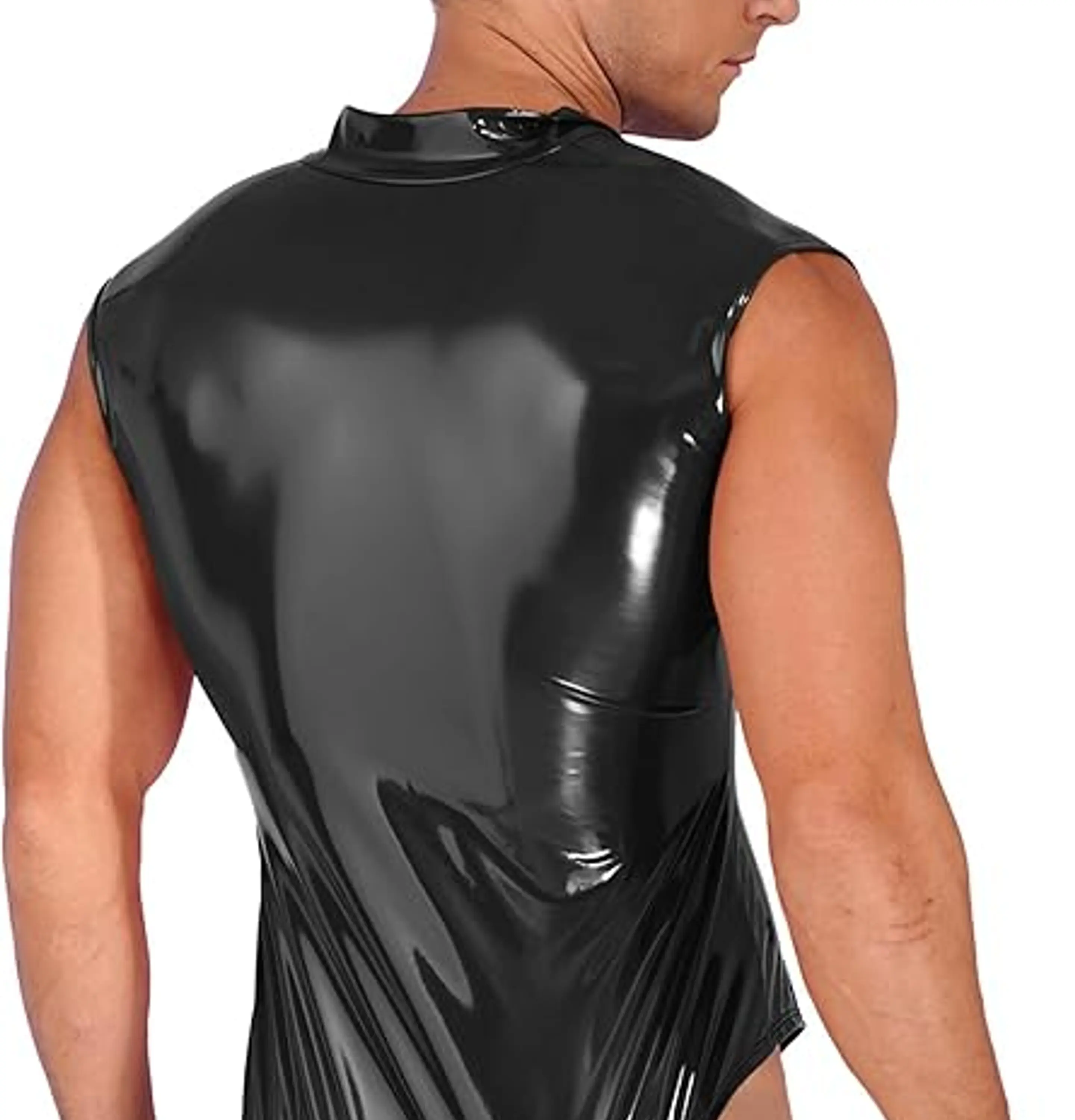 Body de una pieza de charol para hombre, sin mangas, con cremallera, tanga 2
