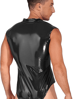 Body de una pieza de charol para hombre, sin mangas, con cremallera, tanga