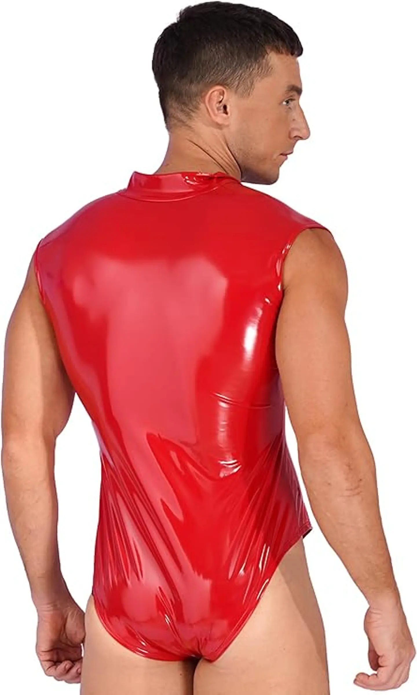 Body de una pieza de charol para hombre, sin mangas, con cremallera, tanga 3