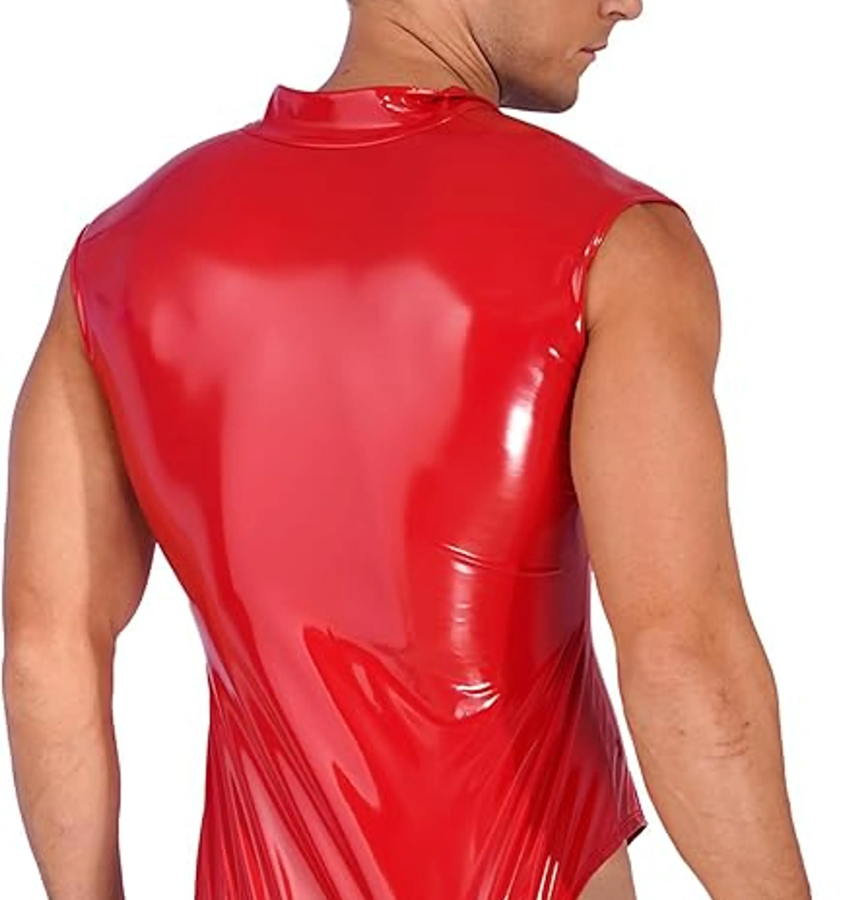 Body de una pieza de charol para hombre, sin mangas, con cremallera, tanga 3