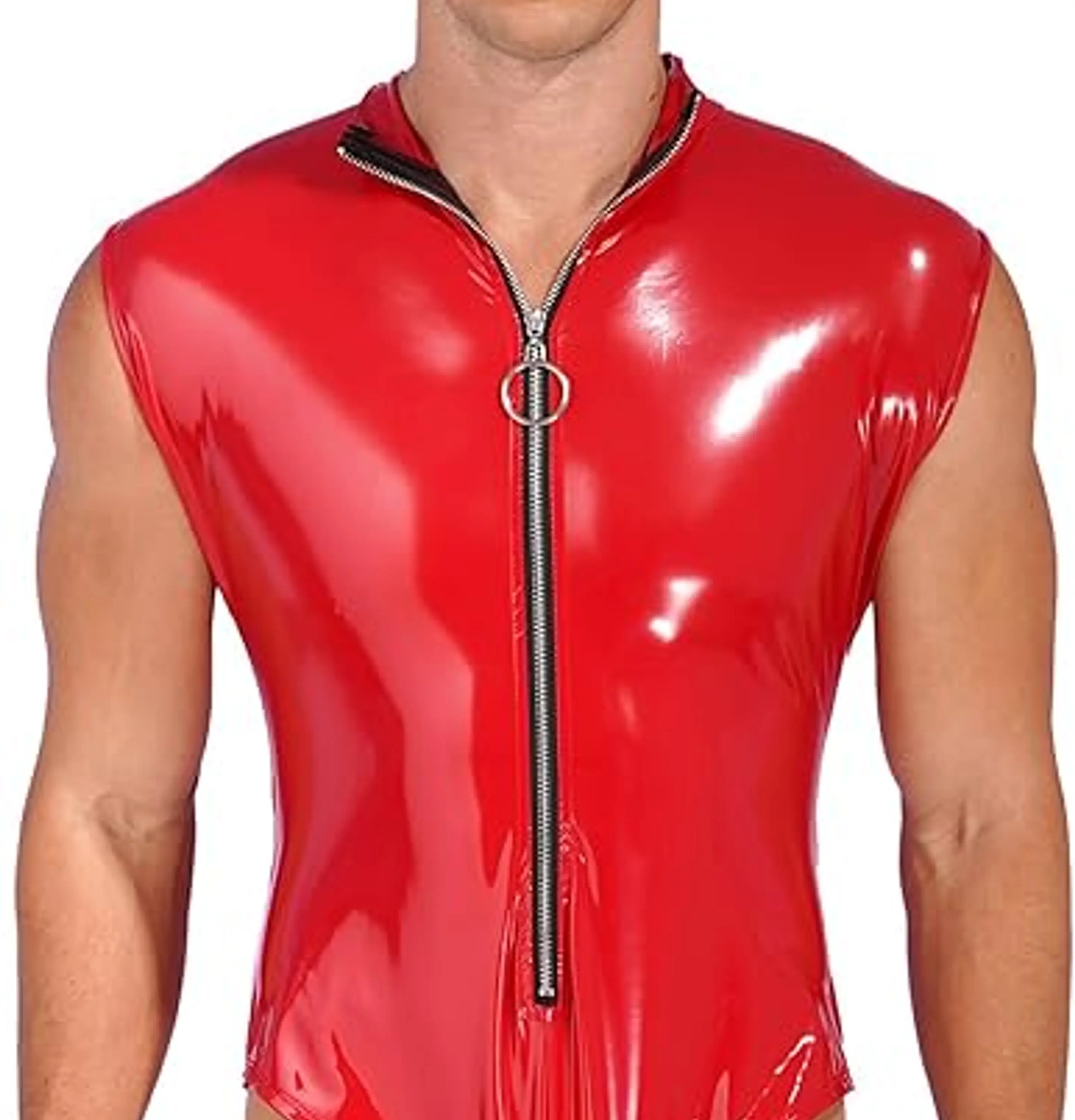 Body de una pieza de charol para hombre, sin mangas, con cremallera, tanga 5
