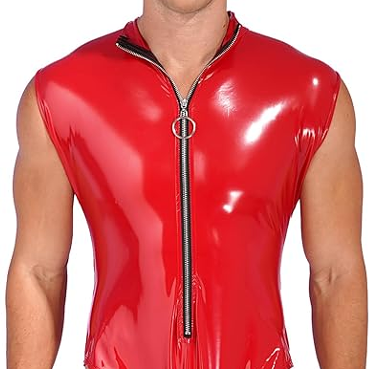 Body de una pieza de charol para hombre, sin mangas, con cremallera, tanga 5