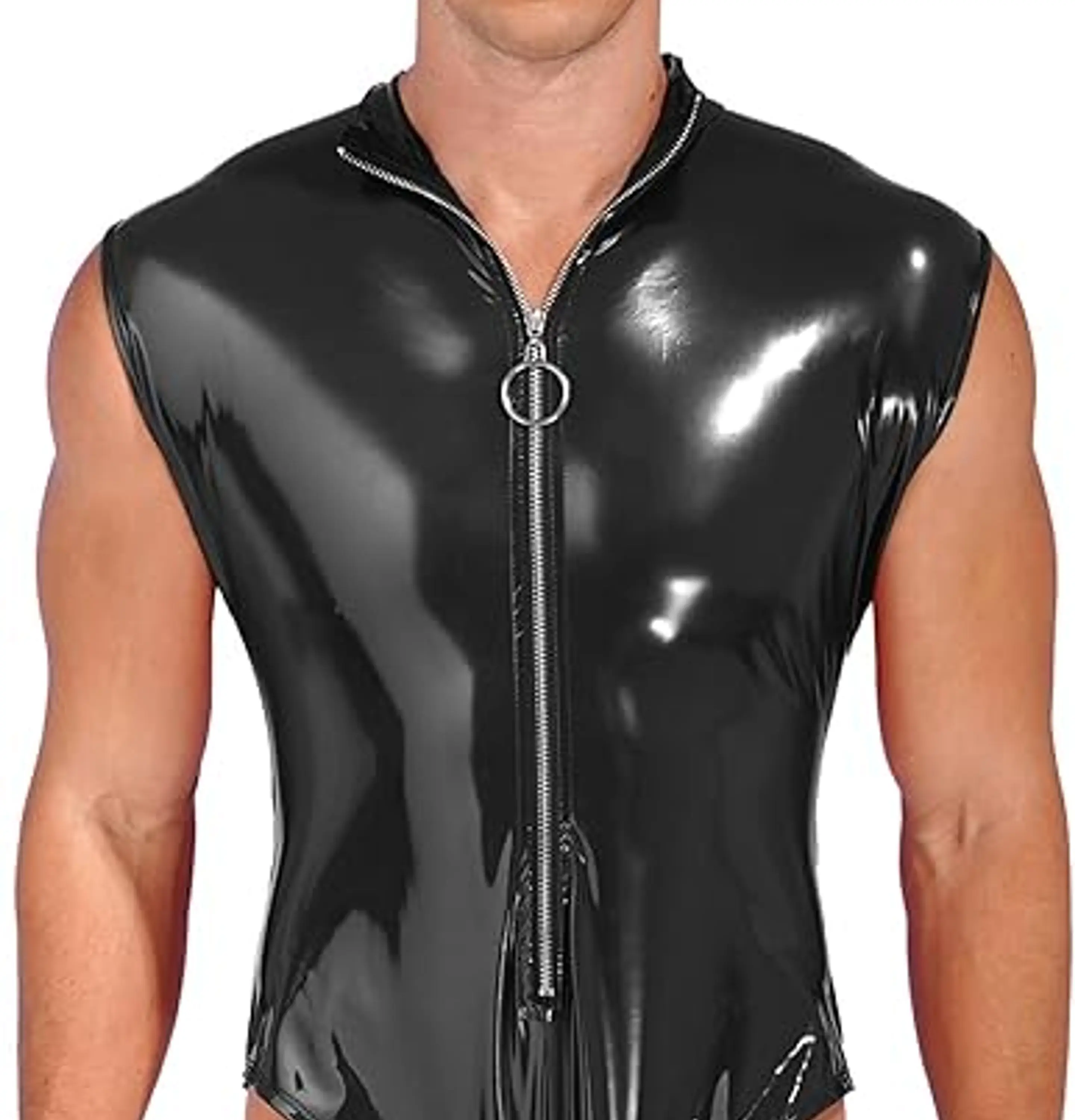 Body de una pieza de charol para hombre, sin mangas, con cremallera, tanga 6