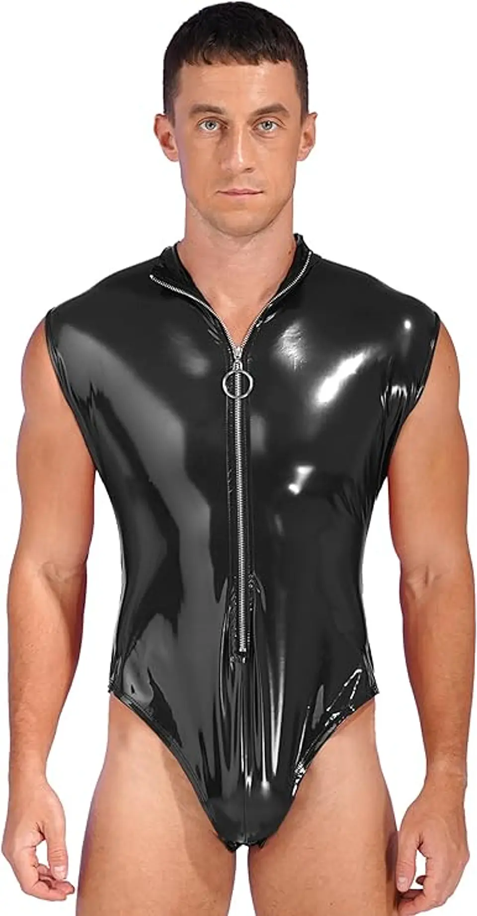Body de una pieza de charol para hombre, sin mangas, con cremallera, tanga 6