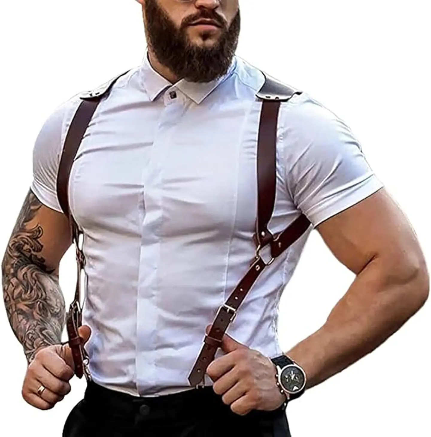 rnés de cuero para hombre, tirantes ajustables, hebilla ajustable 2