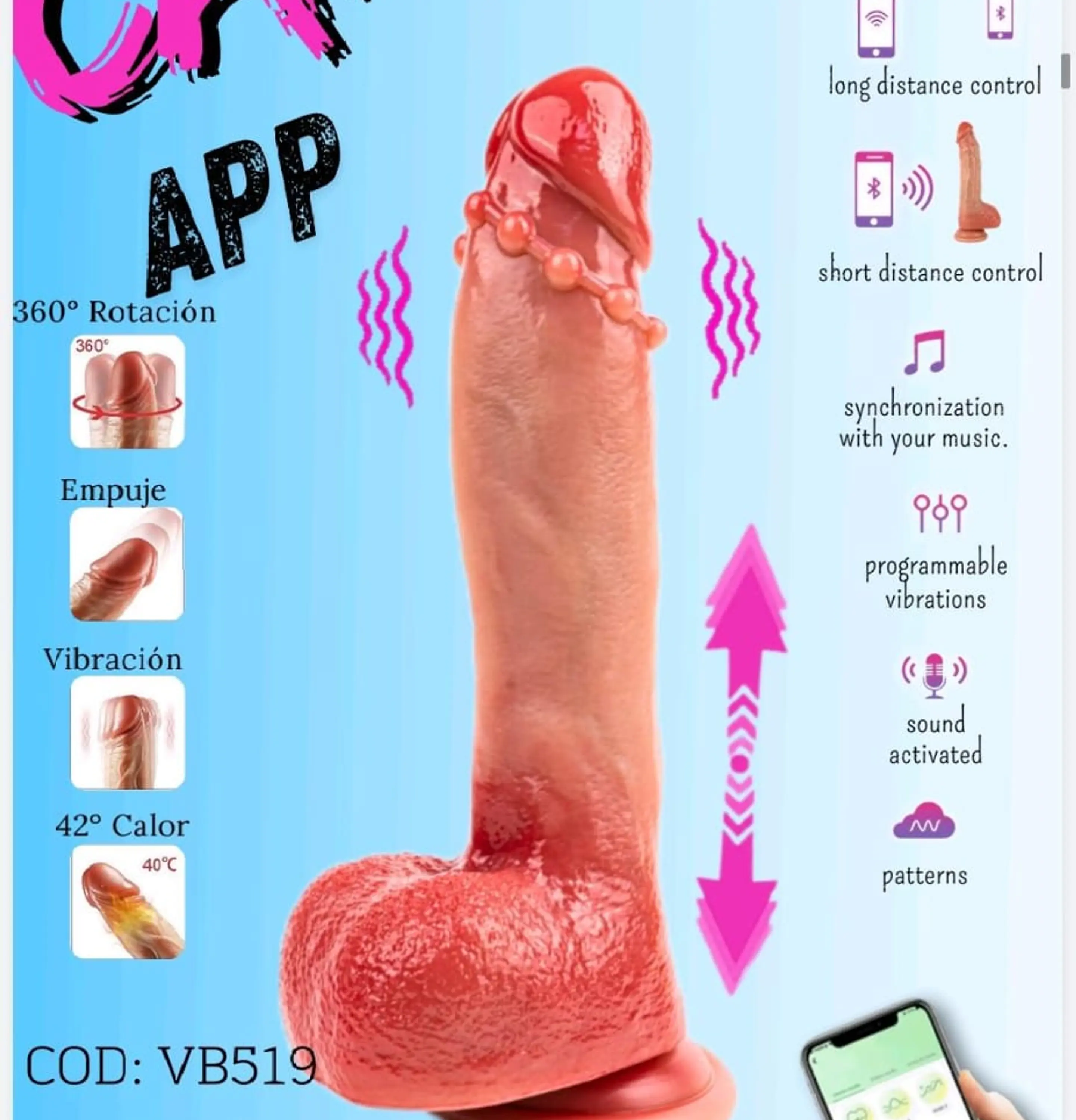 DILDO VIBRADOR CANDY REALISTICO Y CALEFACCIÓN 23CM 2