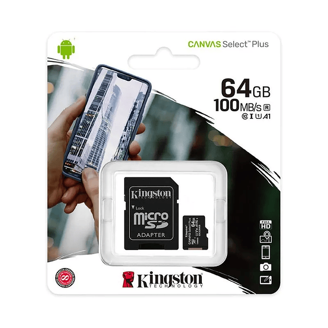 Memoria MicroSD Kingston 64 GB Clase 10, 100Mb/s