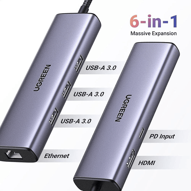 Adaptador Gigabit Ugreen Multipuerto Ethernet 6 en 1 USB C 4k