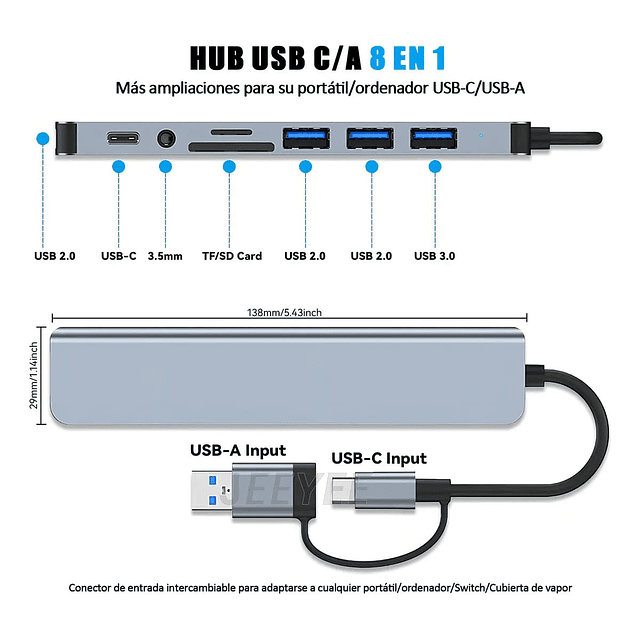Hub Multiplicador Adaptador 8 Puertos En 1 Usb A-tipo C