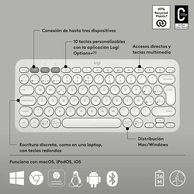Teclado Logitech Inalámbrico Bluetooth K380s Blanco 