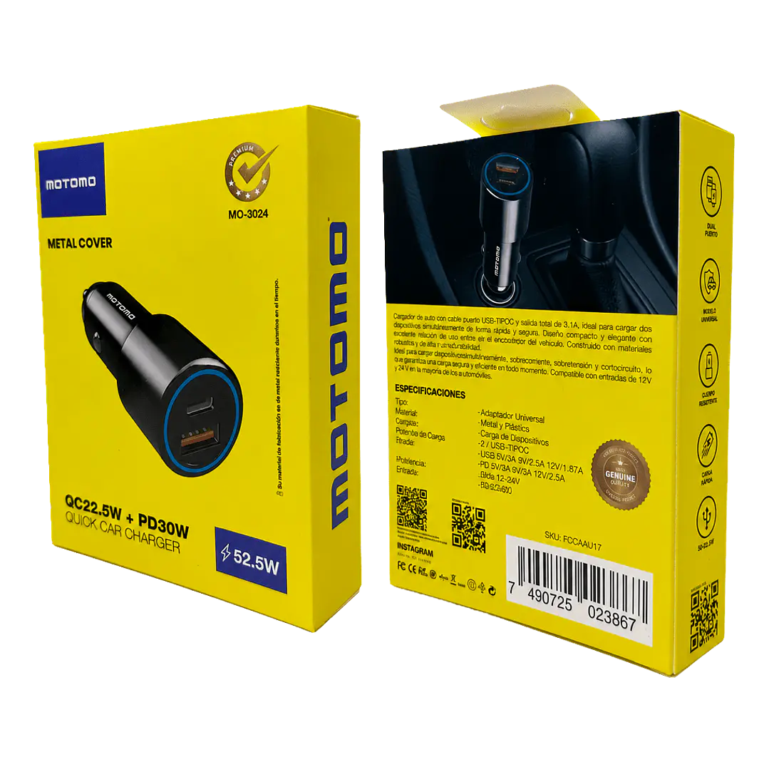 Cargador de Auto Motomo MO-3024 52.5W 5