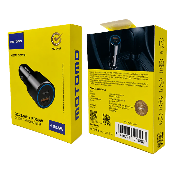 Cargador de Auto Motomo MO-3024 52.5W 5