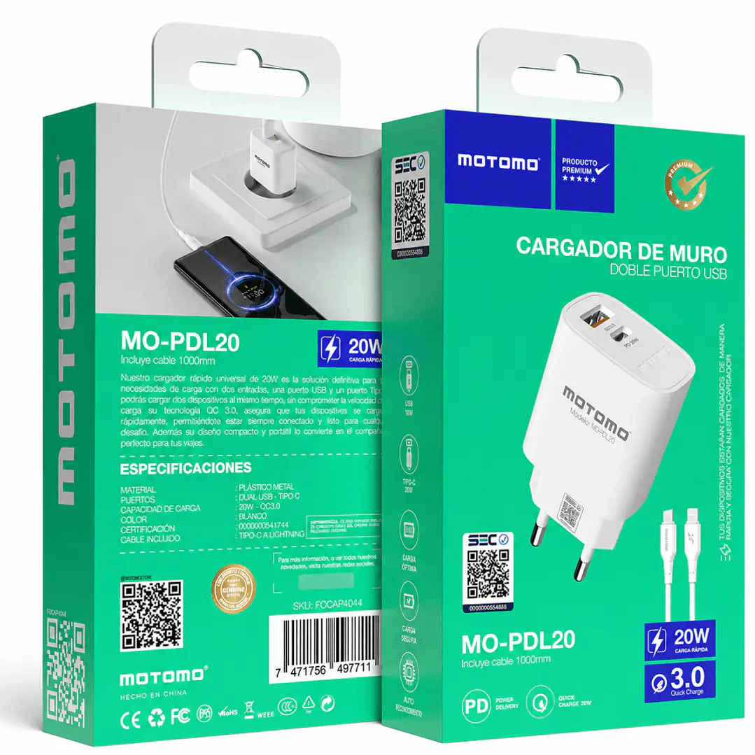 Cargador Rápido Motomo 20w Dual + Cable Tipo C A Lightning 5