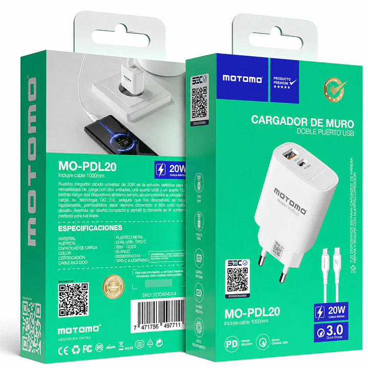 Cargador Rápido Motomo 20w Dual + Cable Tipo C A Lightning 5