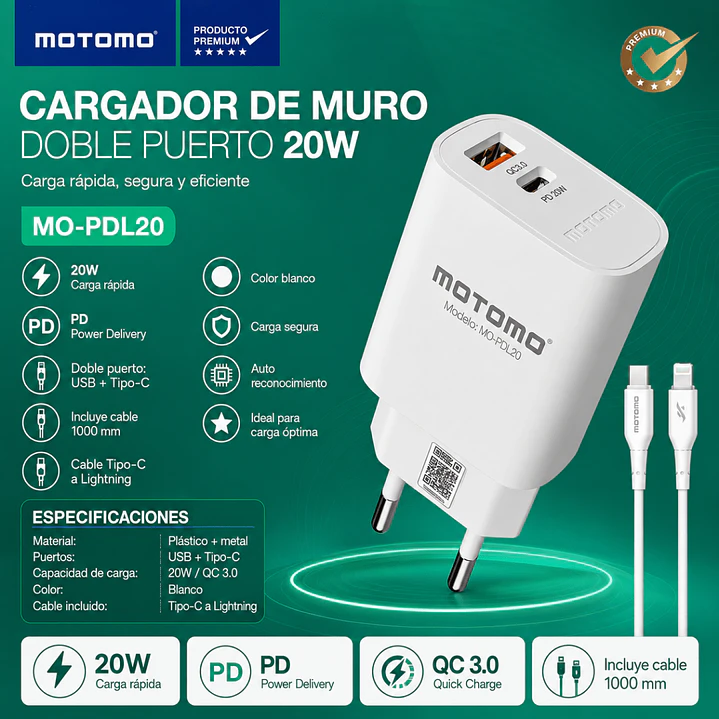 Cargador Rápido Motomo 20w Dual + Cable Tipo C A Lightning 4
