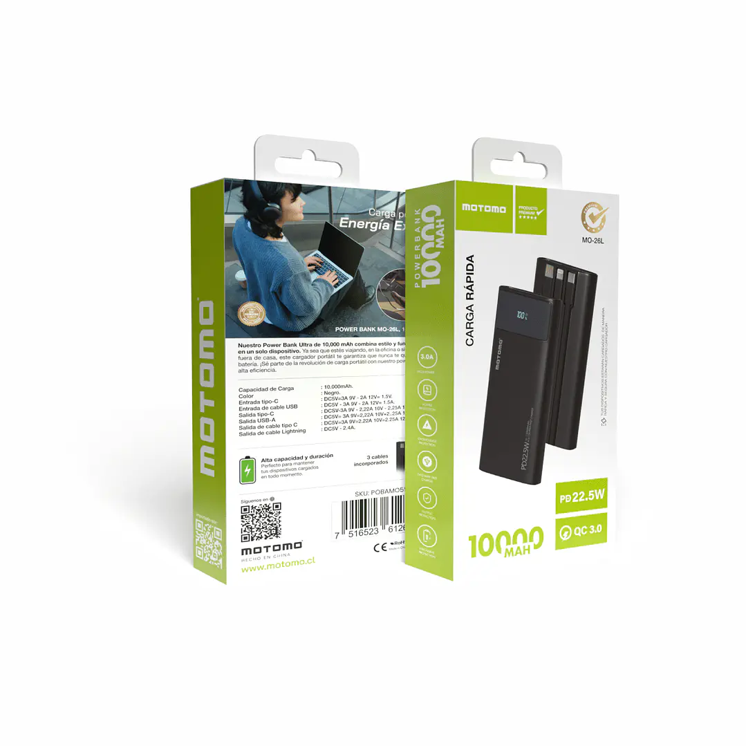 Batería Portátil Powerbank Motomo 10000mAh Cables Integrados 6
