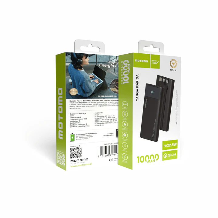 Batería Portátil Powerbank Motomo 10000mAh Cables Integrados 6