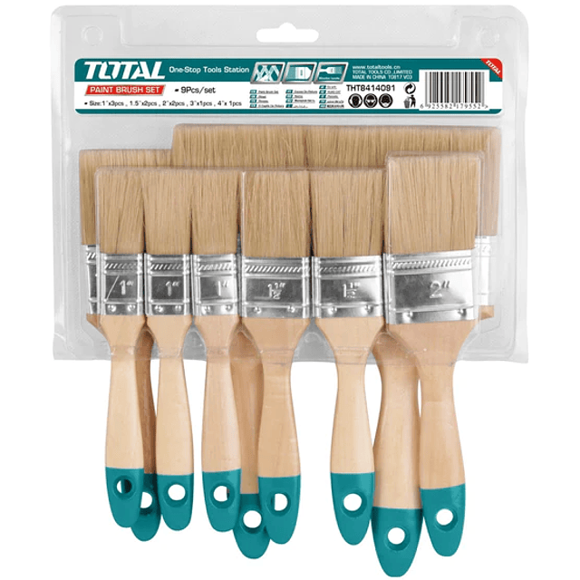 Set de brochas con mango de madera 9pcs. 1 1/5 2 3 4plg. TOTAL