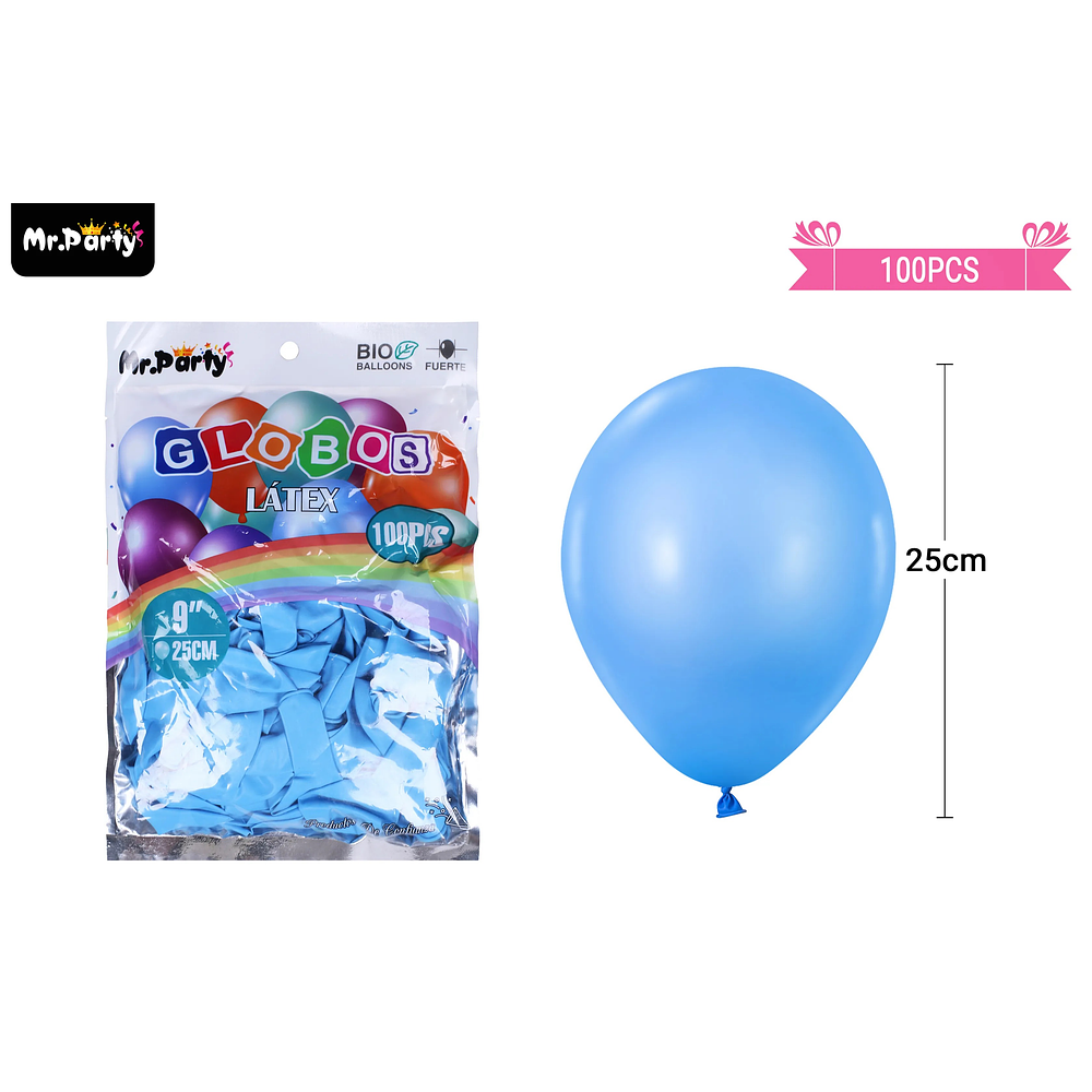 Globos de látex celeste mate 25cm 100pcs