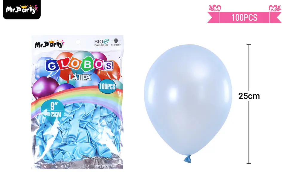 Globos de látex perlado celeste 25cm 100pcs 2