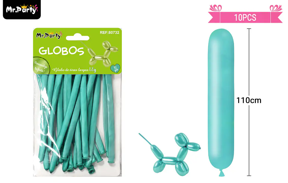 Globos largos metalizados cromados verde 110cm 10pcs 1