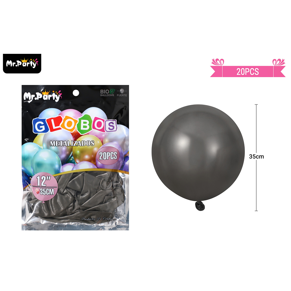 Globos de látex negro cromados metalizados 35cm 20pcs