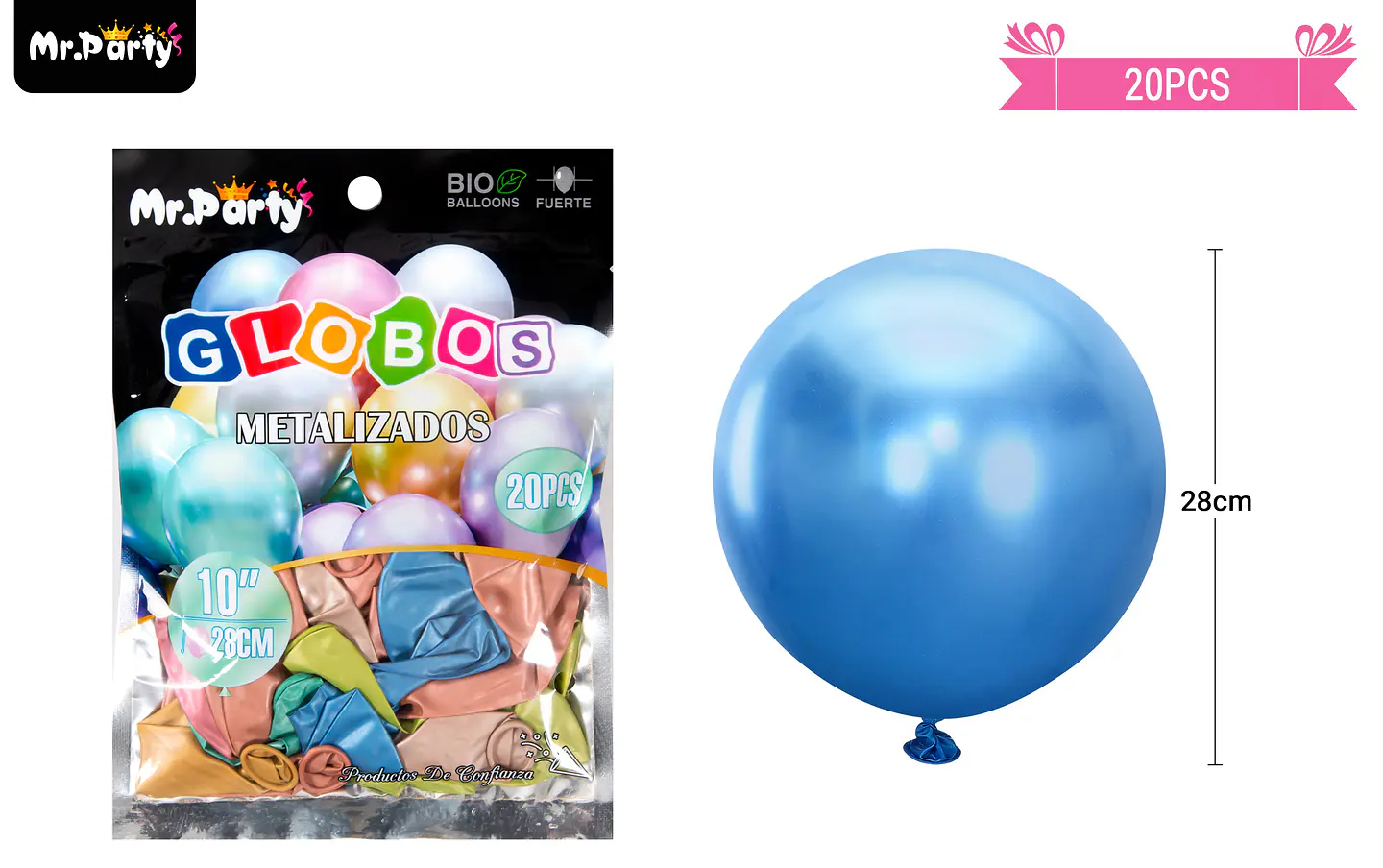 Globos de látex colores surtidos cromados metalizados 28cm 20pcs 2