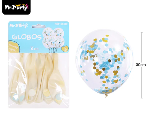 Globos de látex con confetti de redondo celeste y dorado 30cm 5pcs