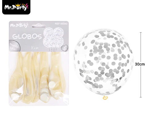 Globos de látex con confetti de redondo plateado 30cm 5pcs