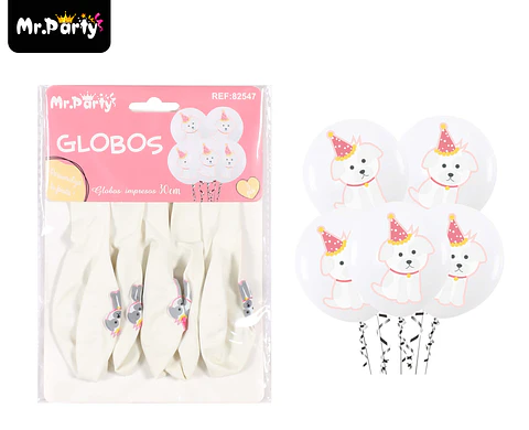 Globos de látex blancos con perritos mate 30cm 5pcs