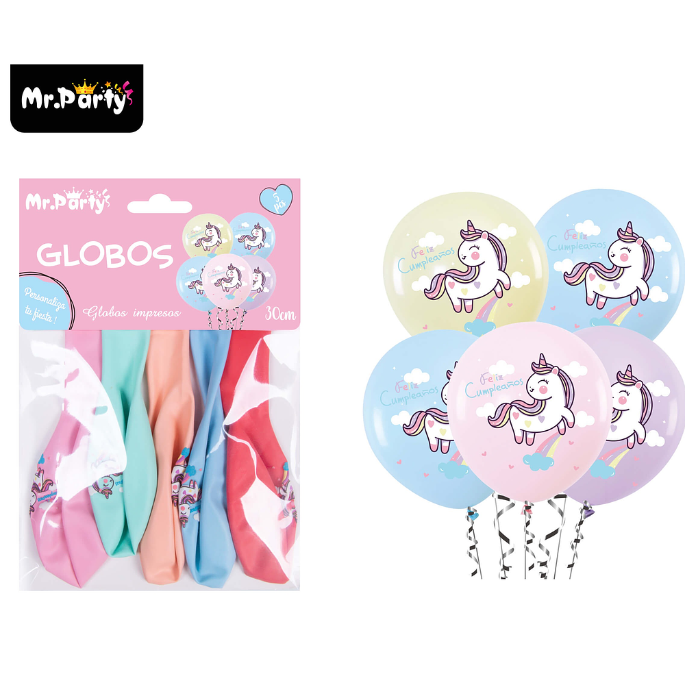 Globos de látex pastel con unicornio 30cm 5pcs