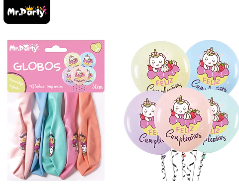 Globos de látex pastel con unicornio 30cm 5pcs