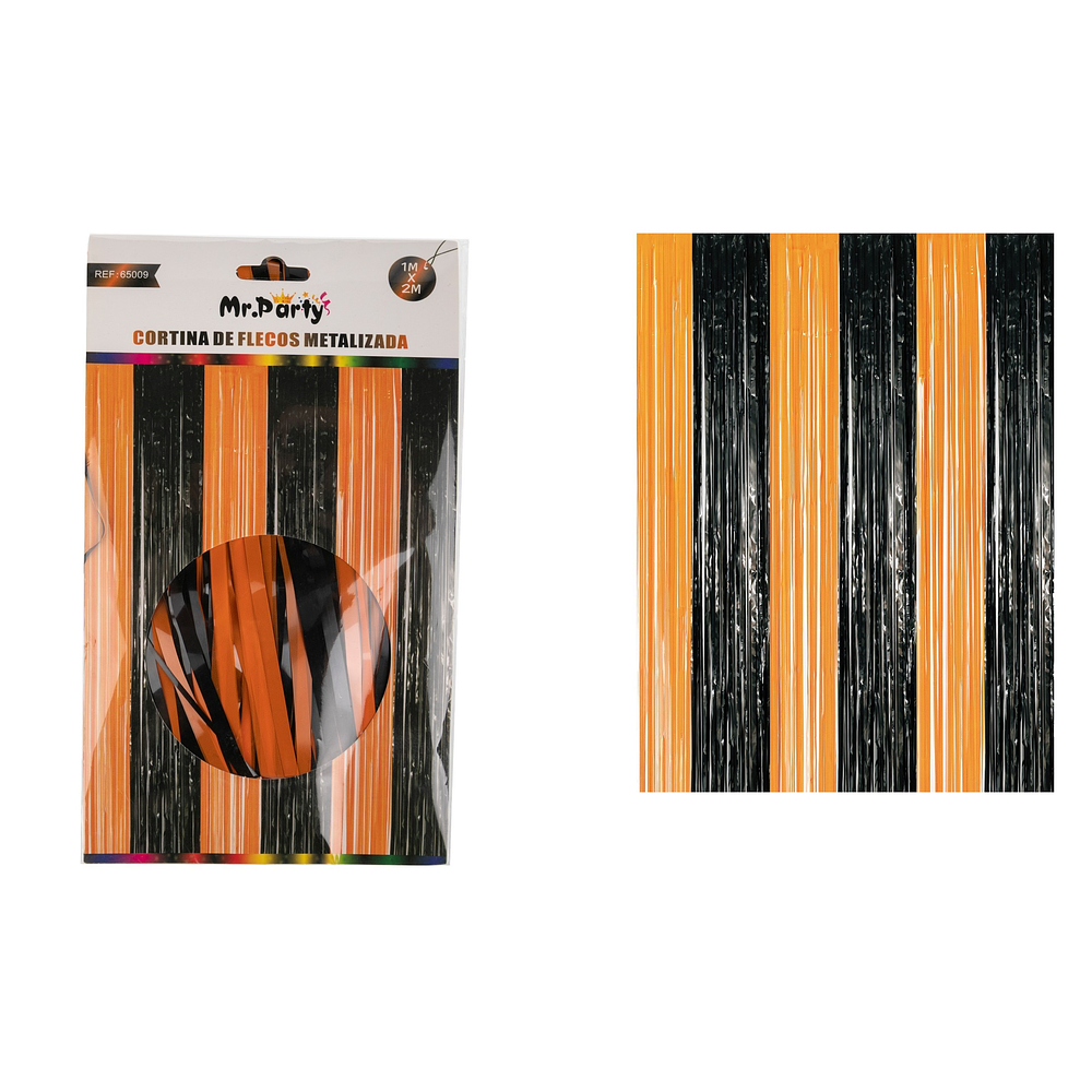 Cortinas flecos metalizada naranja y negro 1m*2m