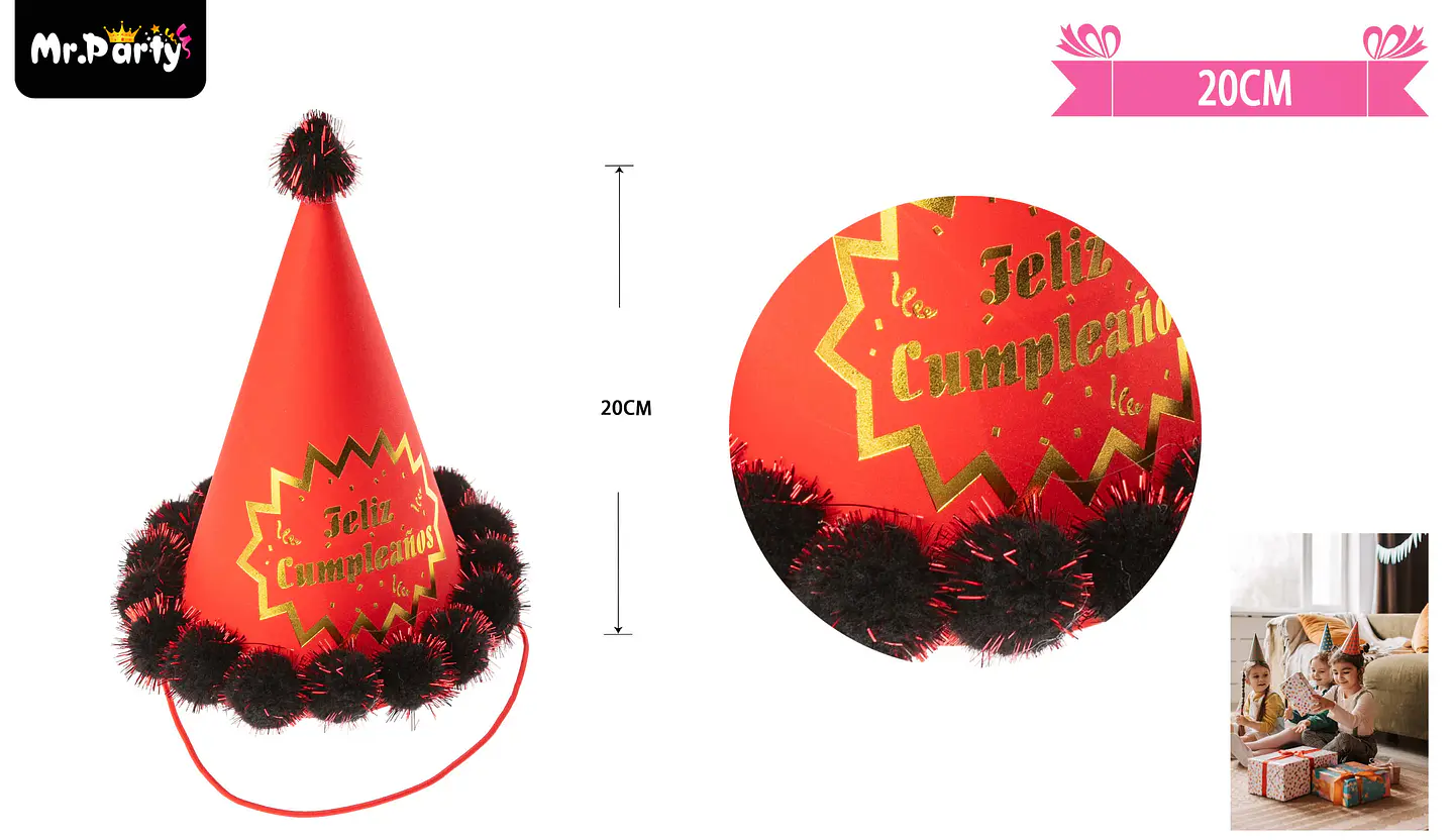 Gorro pompón feliz cumpleaños rojo 20cm 1
