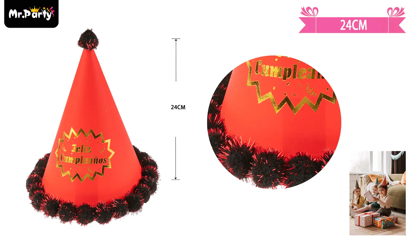 Gorro pompón feliz cumpleaños rojo 24cm 1