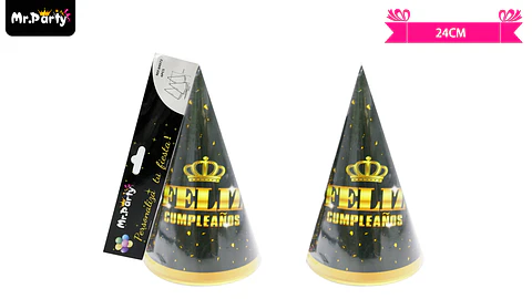 Gorro feliz cumpleaños negro y dorado 24cm 6pcs