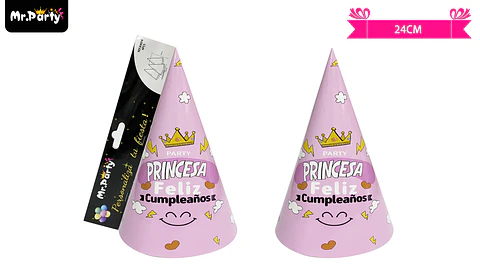 Gorro de princesa y corona rosado 24cm 6pcs