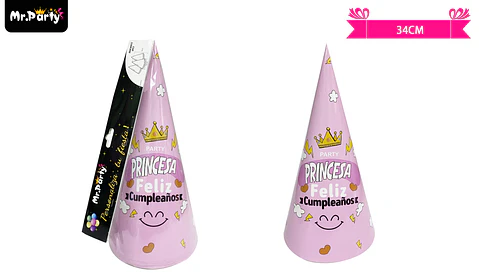 Gorro de princesa y corona rosado 34cm 6pcs