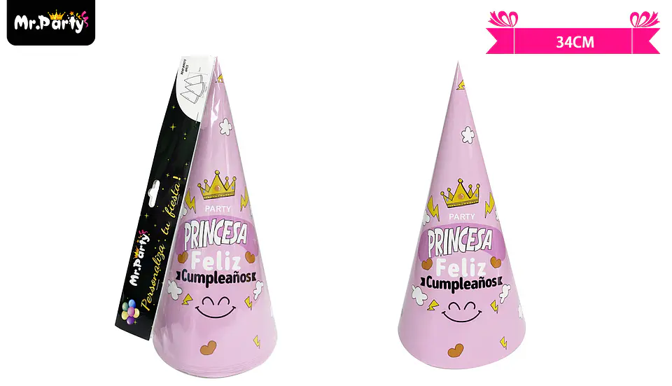 Gorro de princesa y corona rosado 34cm 6pcs 1