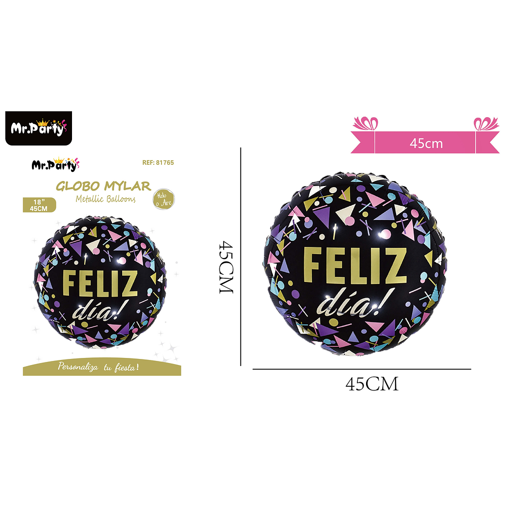Globo metalizado redondo feliz día 45cm